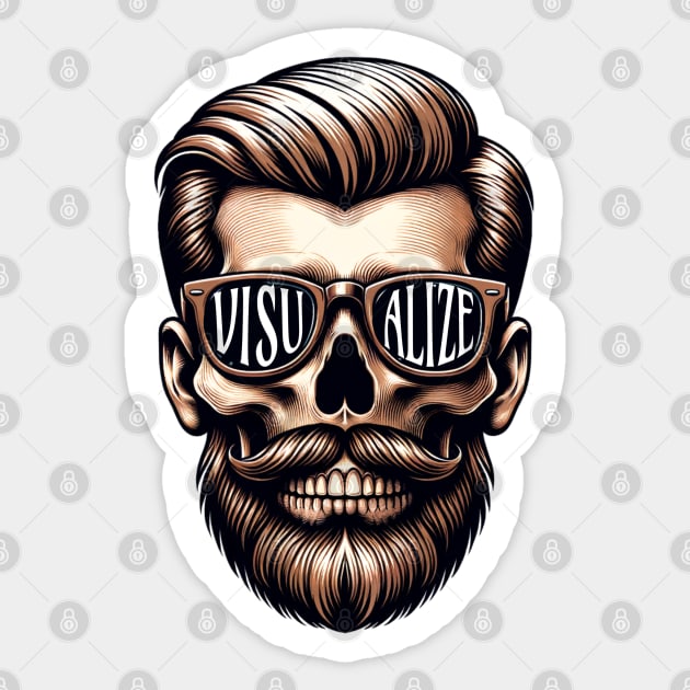 Skull With Beard And Glasses 'Visualize' Sticker by SOS@ddicted